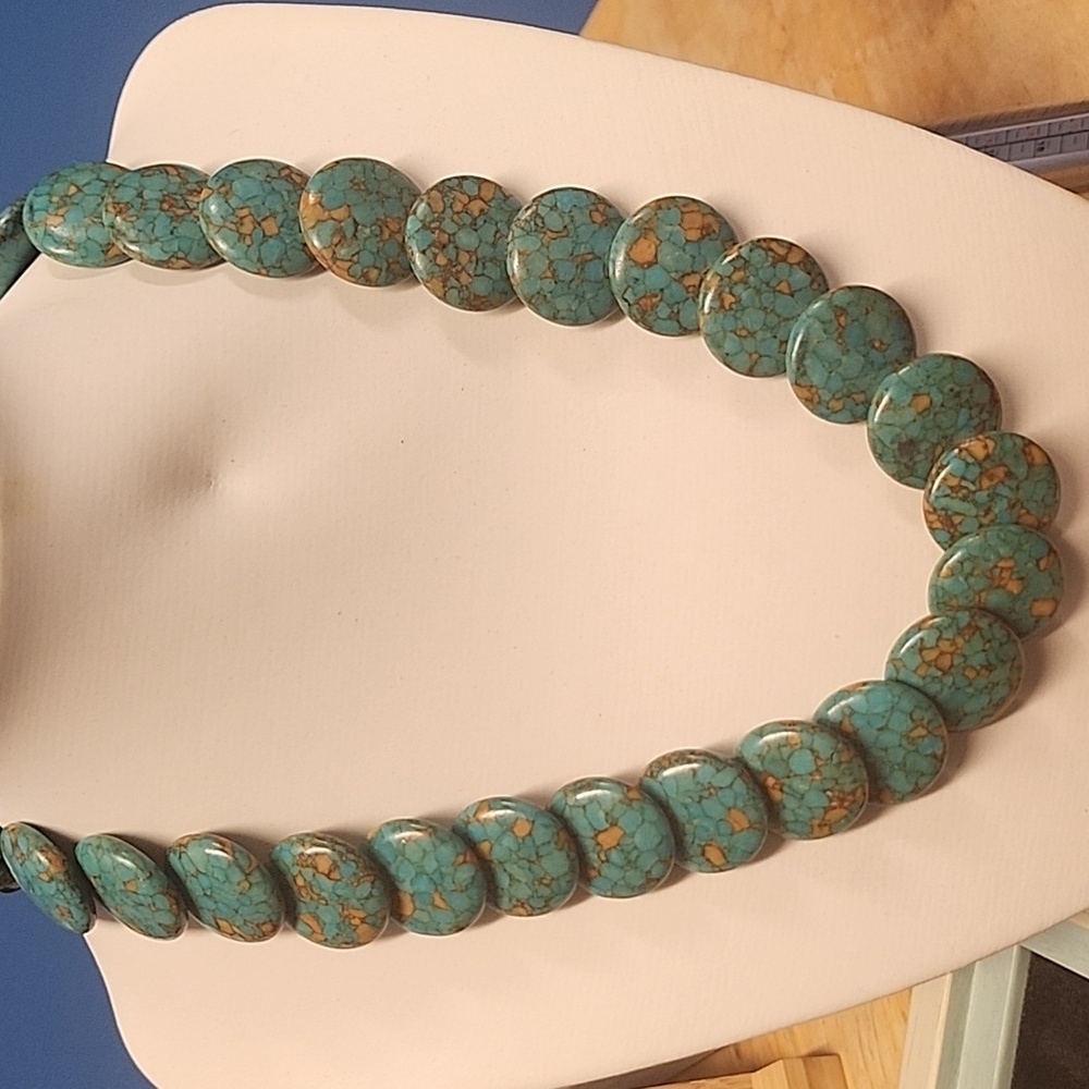 Dyed Magnesite Turquoise Look Coin Bead Statement Necklace Southwest Chunky Disk